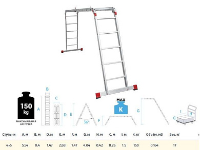 Лестница алюм. многофункц. трансформер 4х5 ступ., шир. 400 мм, 17 кг NV3320, без настила, макс. нагрузка - 150 кг Новая Высота 3320405