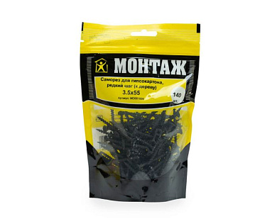 Саморез для гипсокартона 3.5x55, крупный шаг, к дереву, фосфат, дой-пак M, 140 шт МОНТАЖ MD001009