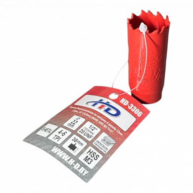 Коронка биметаллическая по металлу и дереву 22 мм., L38 мм., 1/2"-20UNF, HSS M3 H-D HD-3306