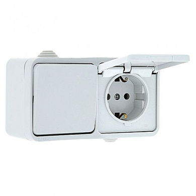 Блок розетка-выключатель 1-кл, 16А с/з с крышкой IP44 белая Прага EKF PROxima EKRV16-050-10-440