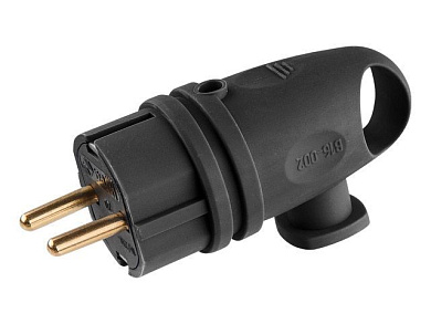 Вилка угловая с ушком, с/з, 16А, 250В, каучук, черная, В16-002, Юпитер JP7602-02