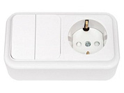 Блок выкл. 2 клав. + розетка (открытая, с/з, со шторками) белая, Пралеска, Bylectrica 2В-РЦ-579