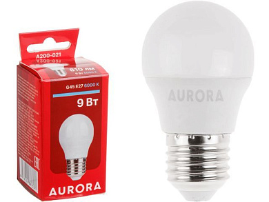 Лампа светодиодная G45 Шар 9Вт 230В E27 6000K AURORA A200-021