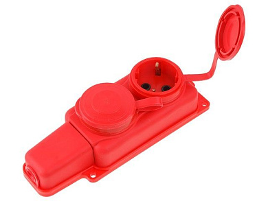 Розетка 2-ая переносная, с/з, 16А, 250В, брызг. защ., каучук, красная, РП 16-232, Юпитер JP7601-08