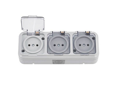 Розетка 3-ая (открытая, б/з, брызг. защ.) серая, Пралеска Аква, (IP54 пылебрызгозащищенные, прозрачная крышка) Bylectrica РА16-0131(02)