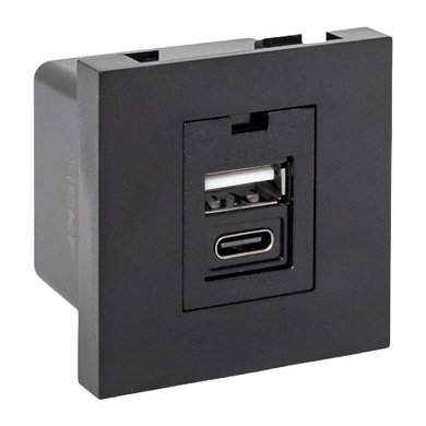 Розетка USB A+C, 2,1А, 2 гнезда, без индикатора, черная, матовая EKF E2MR2B-21USB-10-AC