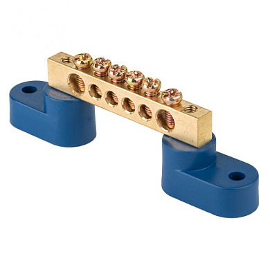 Шина "0" N (6х9мм) 6 отверстий латунь 2 синих угловых изолятора EKF PROxima sn0-2-63-06