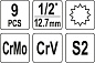 Набор ударных головок-бит 1/2'' SPLINE M6-M18, CrMo, CrV, S2, 9 пр. Yato YT-10663